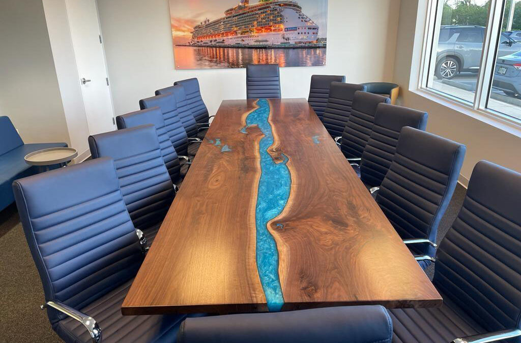 Walnut Conference Tables With Custom Blue Green Epoxy
