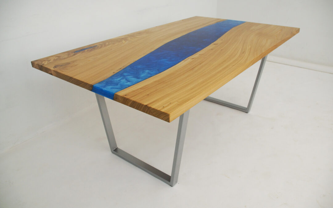 Elm River Dining Table With Blue Epoxy Gradient