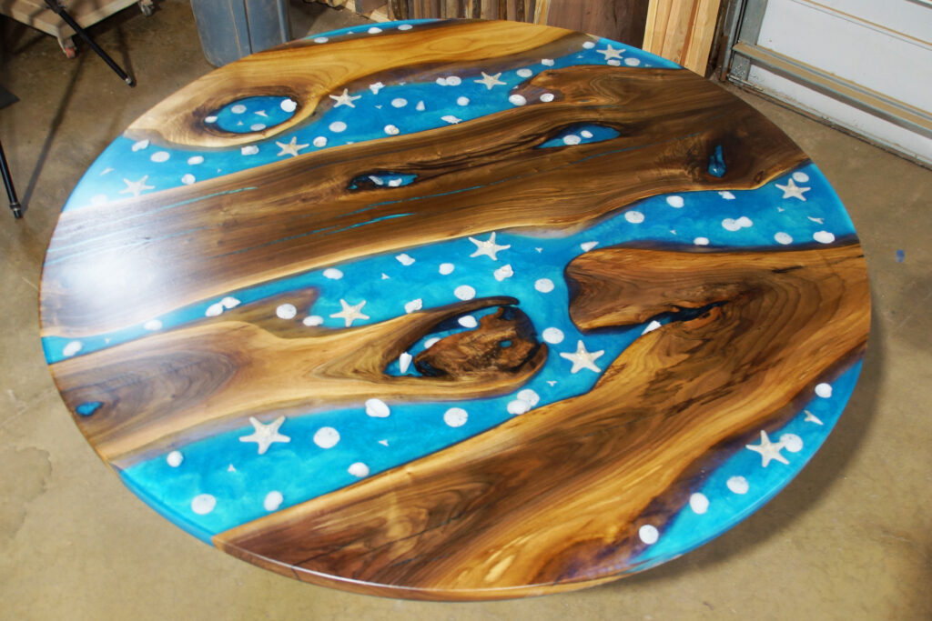http://Round%20Walnut%20Conference%20Table%20With%20Embedded%20Seashells%207