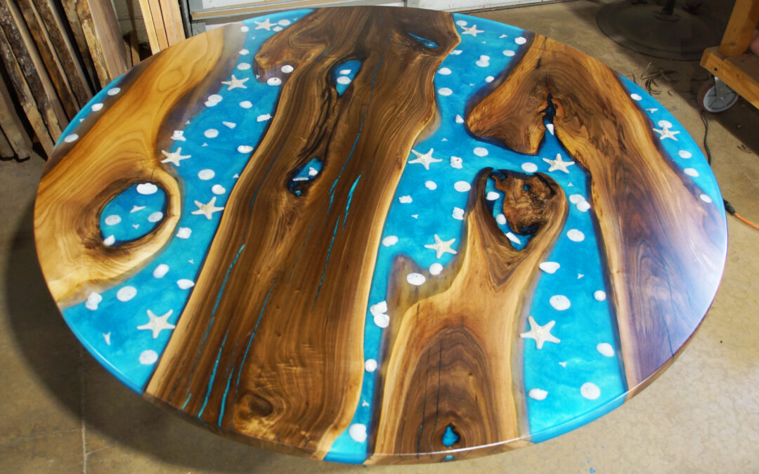 Biomorphic Epoxy & Walnut Round Conference Table With Embedded Seashells