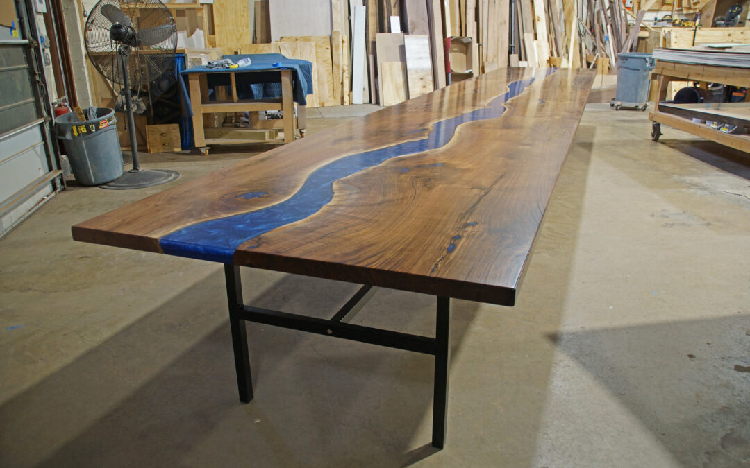 Live Edge 24 ft Conference Table With Blue Epoxy River