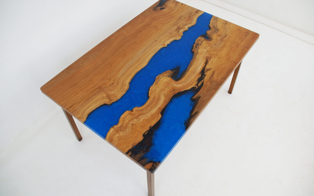 Sycamore Dining Table With Blue Epoxy River