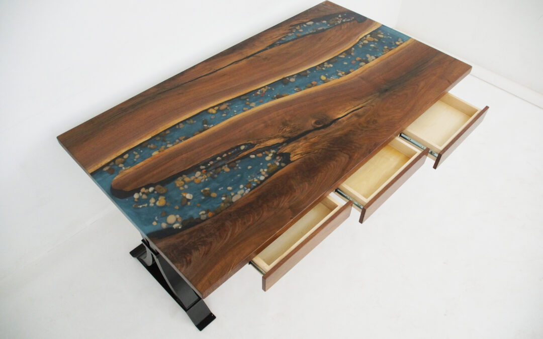 Epoxy & Walnut Desk With Rocks & Drawers