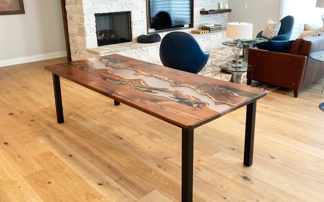 Distressed Walnut River Dining Table With Clear Epoxy