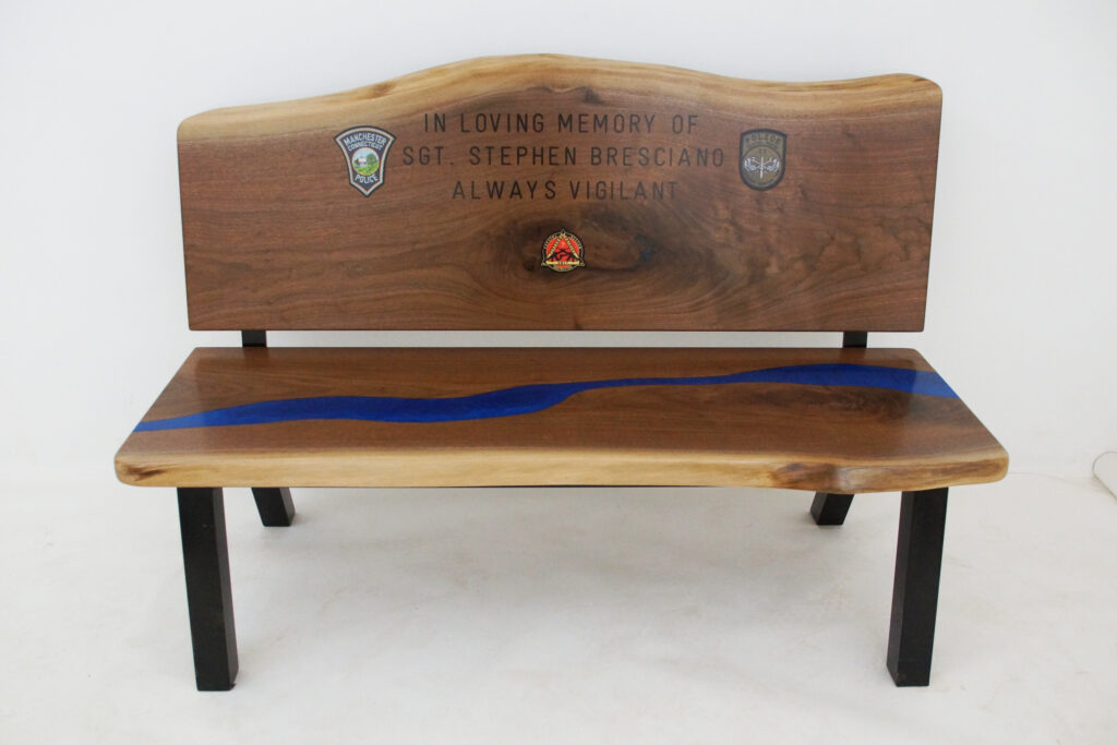 http://Walnut%20Live%20Edge%20Memorial%20Bench%20With%20Blue%20River%201