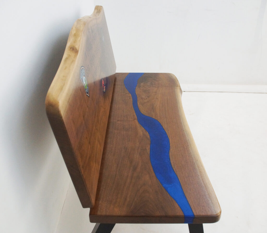 http://Walnut%20Live%20Edge%20Memorial%20Bench%20With%20Blue%20River%2010