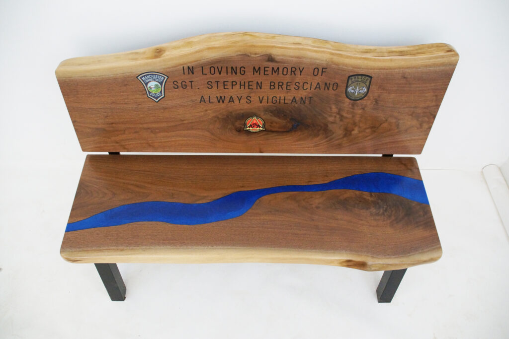 http://Walnut%20Live%20Edge%20Memorial%20Bench%20With%20Blue%20River%209
