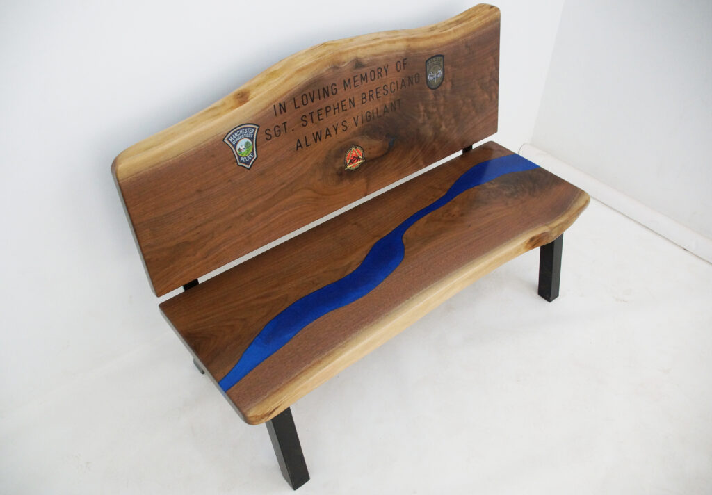 http://Walnut%20Live%20Edge%20Memorial%20Bench%20With%20Blue%20River%208