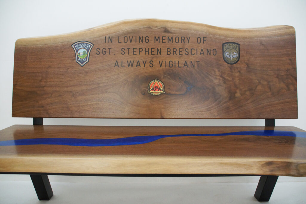 http://Walnut%20Live%20Edge%20Memorial%20Bench%20With%20Blue%20River%207