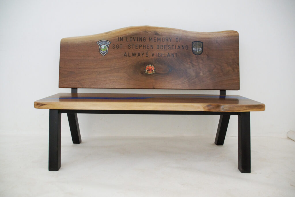 http://Walnut%20Live%20Edge%20Memorial%20Bench%20With%20Blue%20River%206