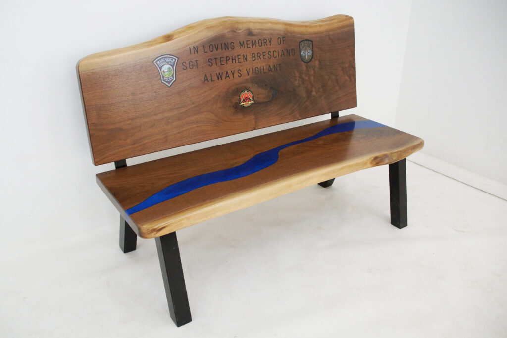 http://Walnut%20Live%20Edge%20Memorial%20Bench%20With%20Blue%20River%203