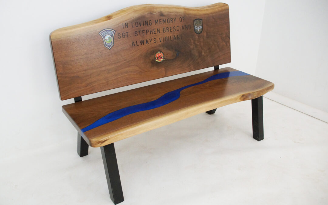 Walnut Live Edge Memorial Bench With Blue River
