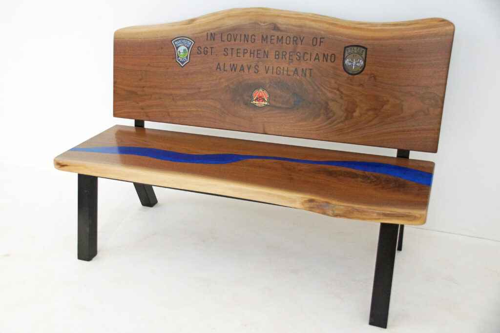 http://Walnut%20Live%20Edge%20Memorial%20Bench%20With%20Blue%20River%202