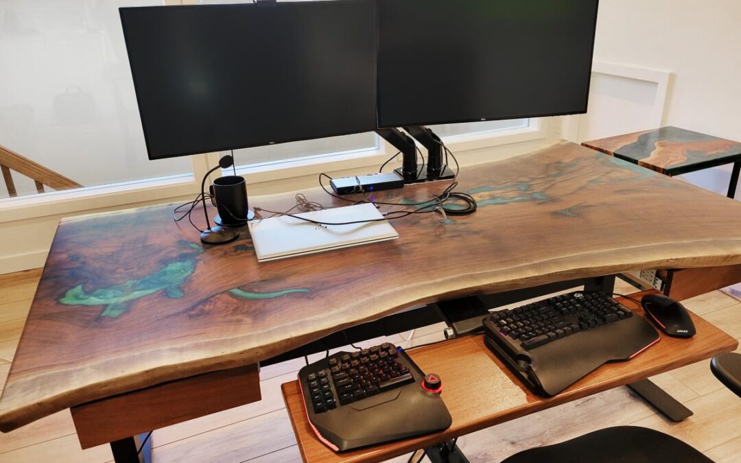Live Edge Epoxy River Sit-Stand Office Desk with Walnut Wood and Matching Side Table