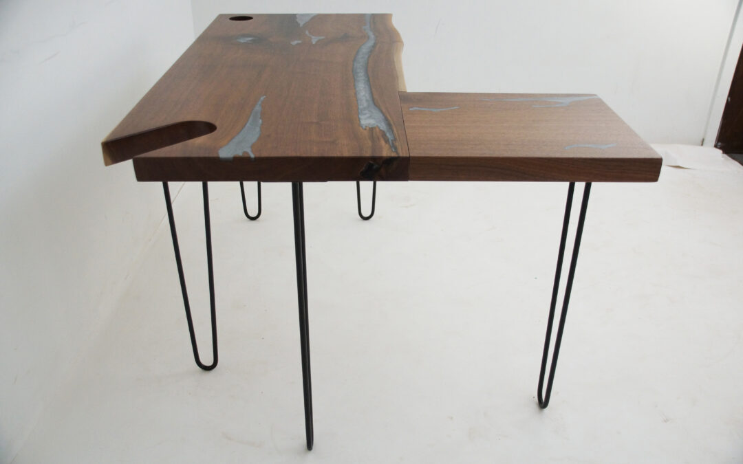 Live Edge Walnut L-Shaped Desk With Cup Holder, Grommet, Drawer, & Epoxy Lakes, Ponds and Rivers