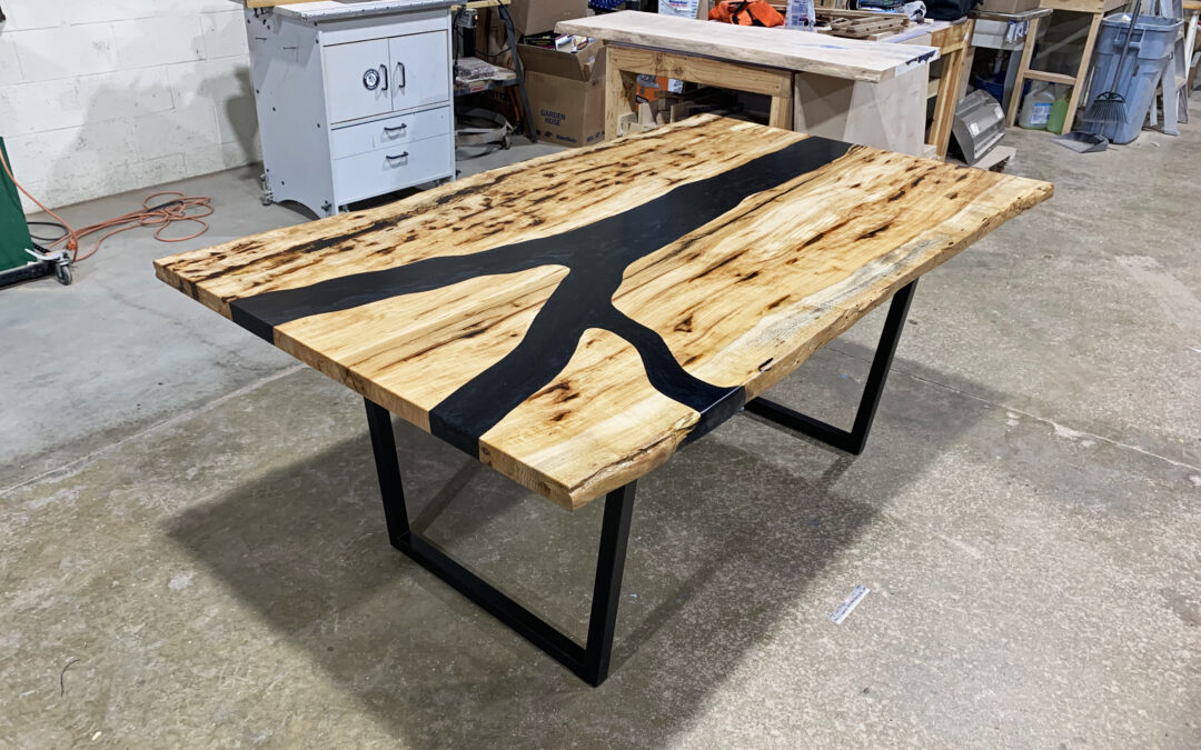 Black Epoxy & Live Edge Hickory Table For A Dining Room