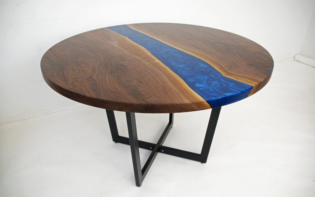 Blue Epoxy & Round Walnut Dining Table