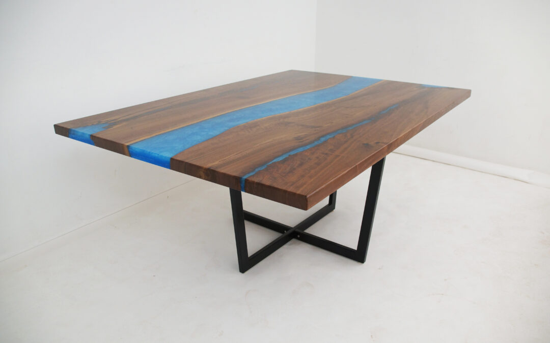 Small Walnut Tabletop With Blue Epoxy