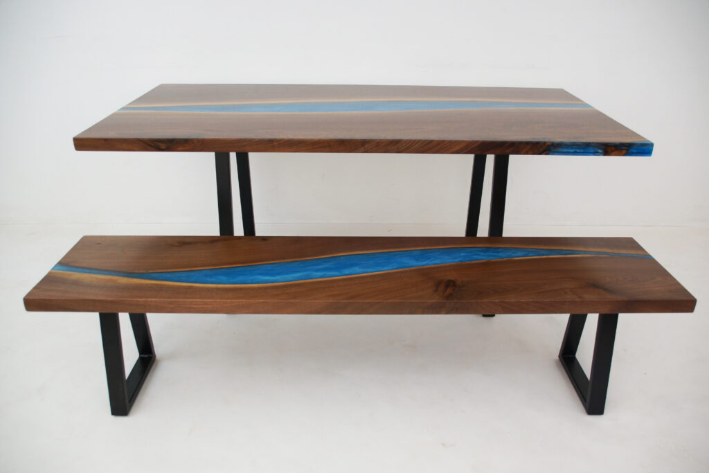 http://Matching%20Walnut%20Dining%20Table%20&%20Bench%20With%20Carribean%20Blue%20Epoxy%203