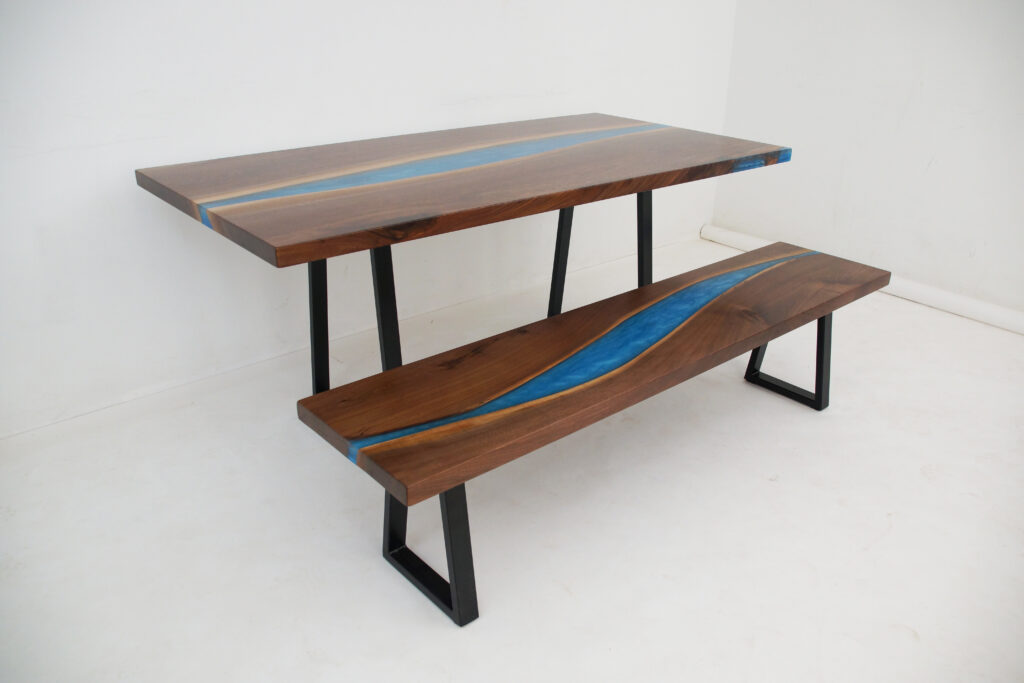 http://Matching%20Walnut%20Dining%20Table%20&%20Bench%20With%20Carribean%20Blue%20Epoxy
