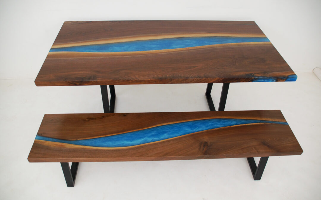 Matching Walnut Dining Table & Bench With Caribbean Blue Epoxy