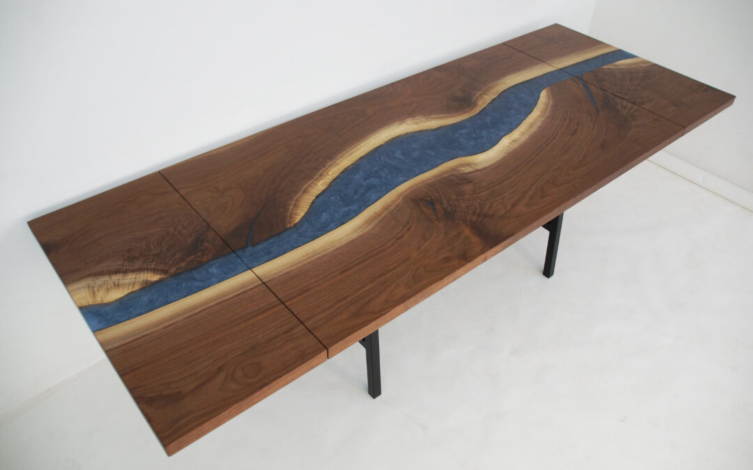 LED Lit Walnut River Table With Leaf Extensions