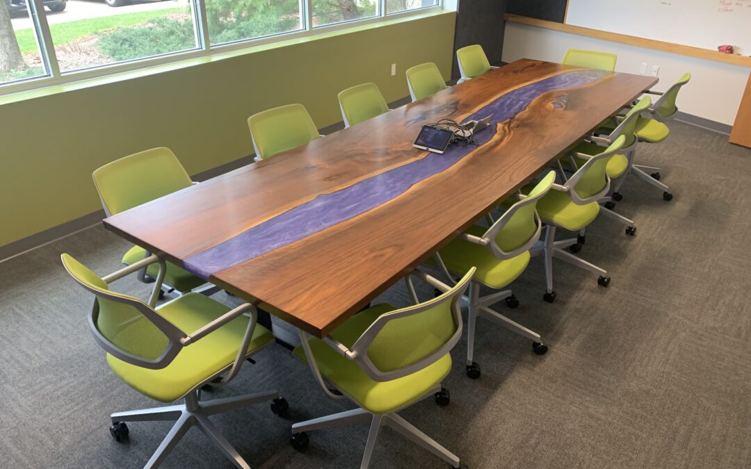 Large Conference Table With Epoxy River & Power Grommets