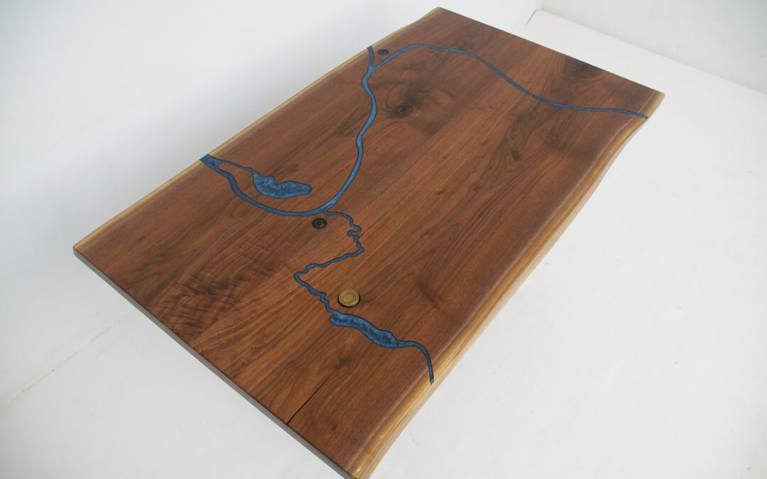 CNC Engraved Walnut River Table With Embedded Objects