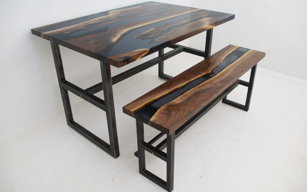 Distressed Walnut River Table With Translucent Epoxy