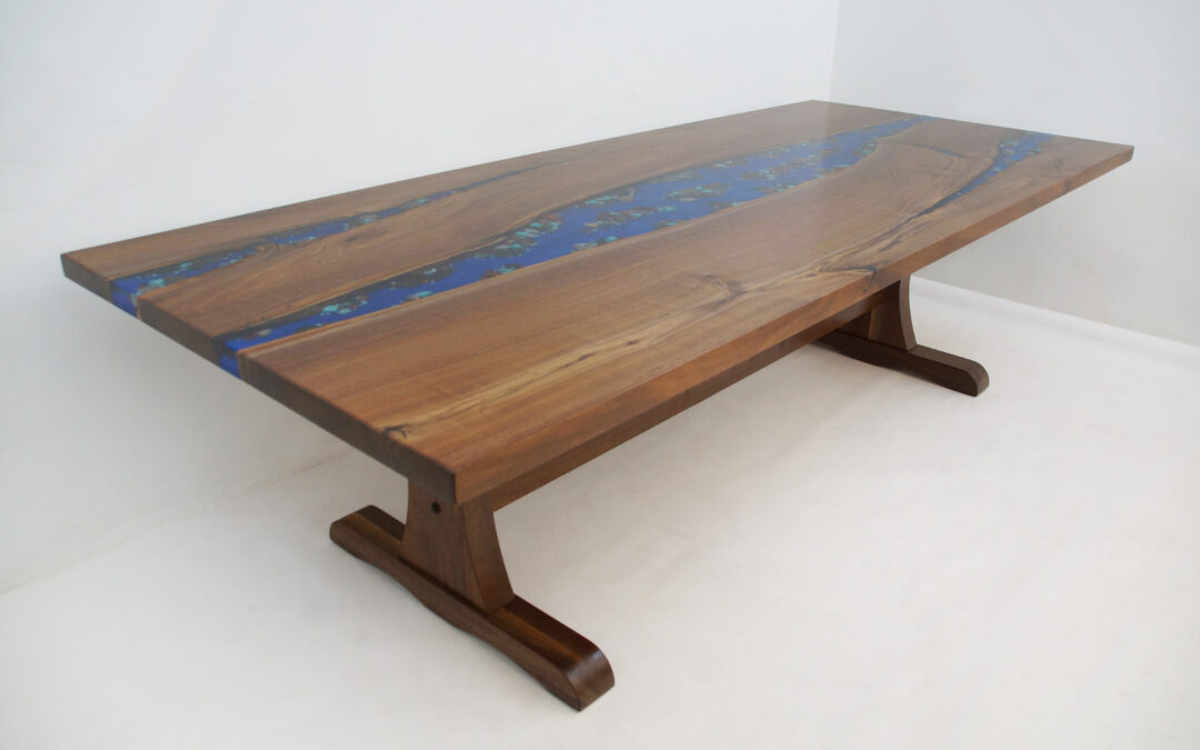 Walnut River Table With Embedded Gemstones