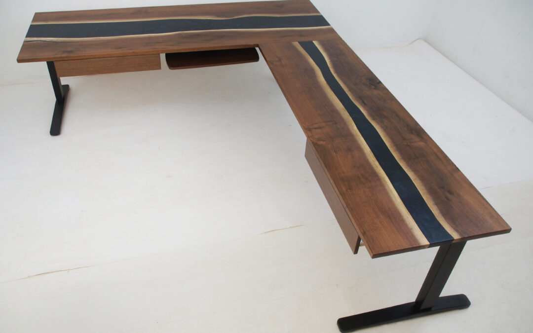 Walnut Sit-Stand Desk With Epoxy Rivers