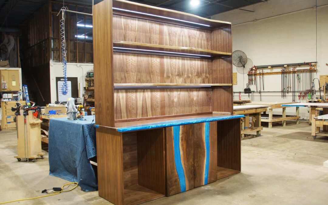 Walnut Wine Cabinet With Live Edge Shelves & Epoxy Waterfall