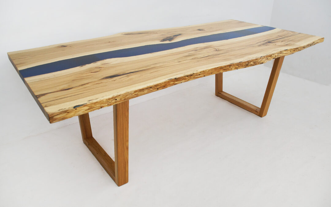 Dining Table With Translucent Blue Epoxy River