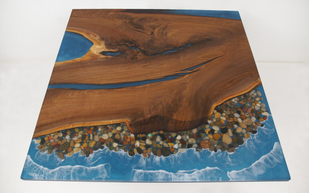 Walnut Ocean Table With Embedded Rocks