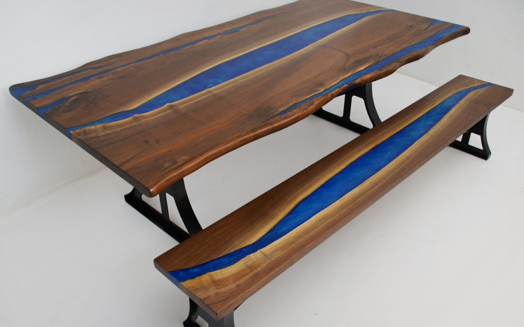 Live Edge Table & Bench Set With Blue Epoxy River