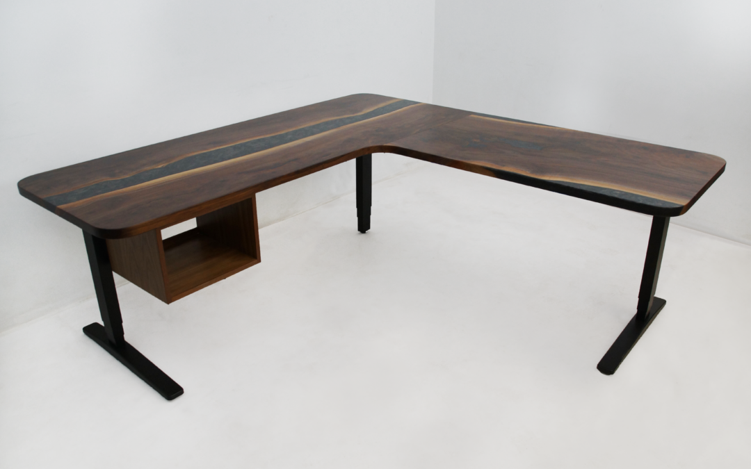 L-Shaped Walnut River Desk With Adjustable Height Functionality