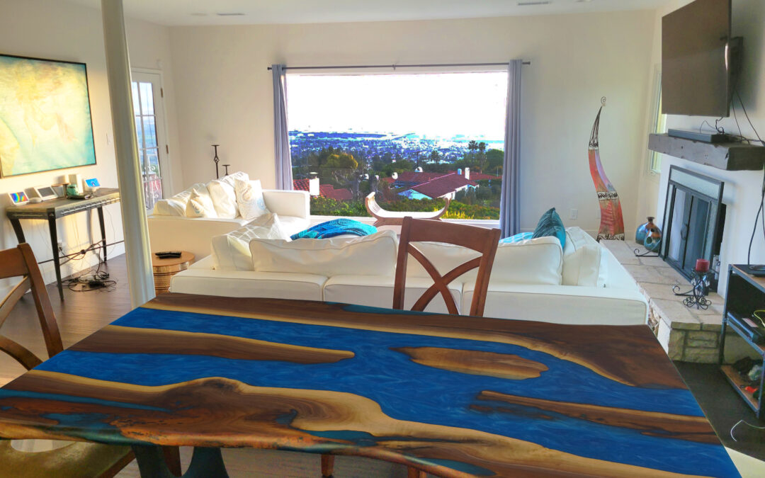 Live Edge Walnut River Table With Blue Epoxy