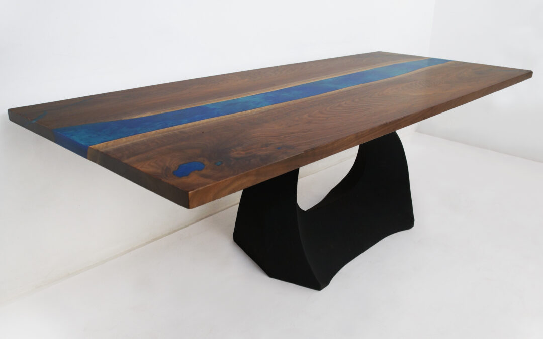 Walnut Dining Table With Dual Blue Epoxy River