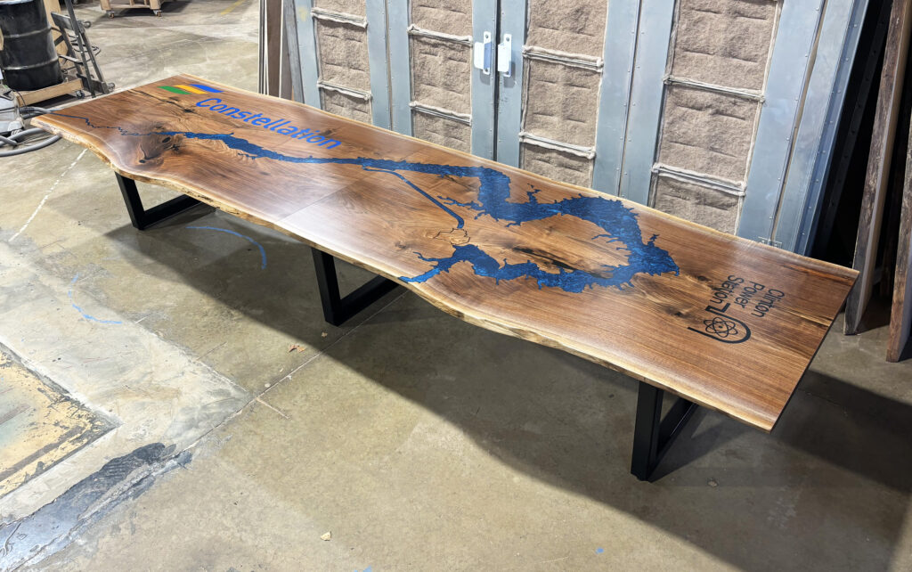 http://Live%20Edge%20Walnut%20Conference%20Table%20With%20Topography%20And%20Custom%20Logos%206