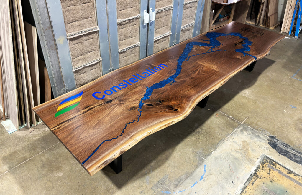 http://Live%20Edge%20Walnut%20Conference%20Table%20With%20Topography%20And%20Custom%20Logos%201