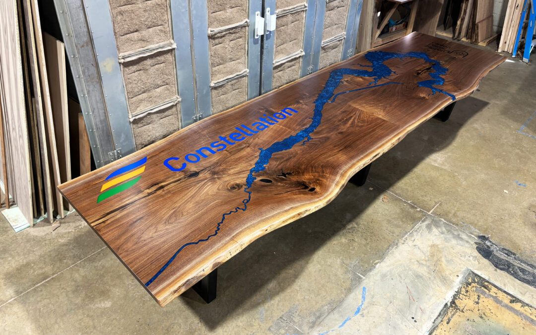 Live Edge Walnut Conference Table With Topography And Custom Logos