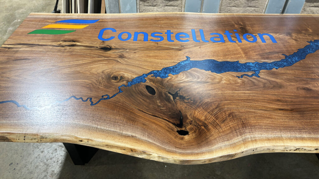 http://Live%20Edge%20Walnut%20Conference%20Table%20With%20Topography%20And%20Custom%20Logos%209