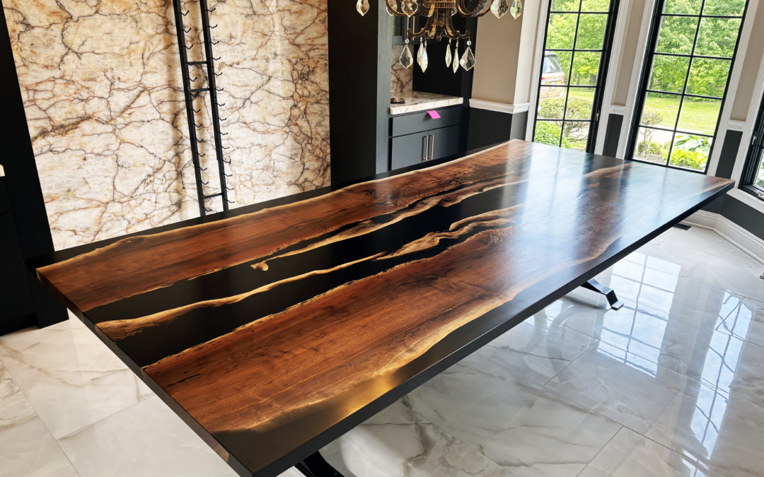 Distressed Black Walnut Epoxy River Dining Table
