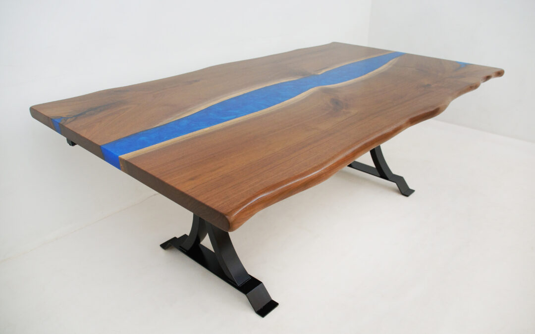 Walnut LED River Table With Blue Epoxy