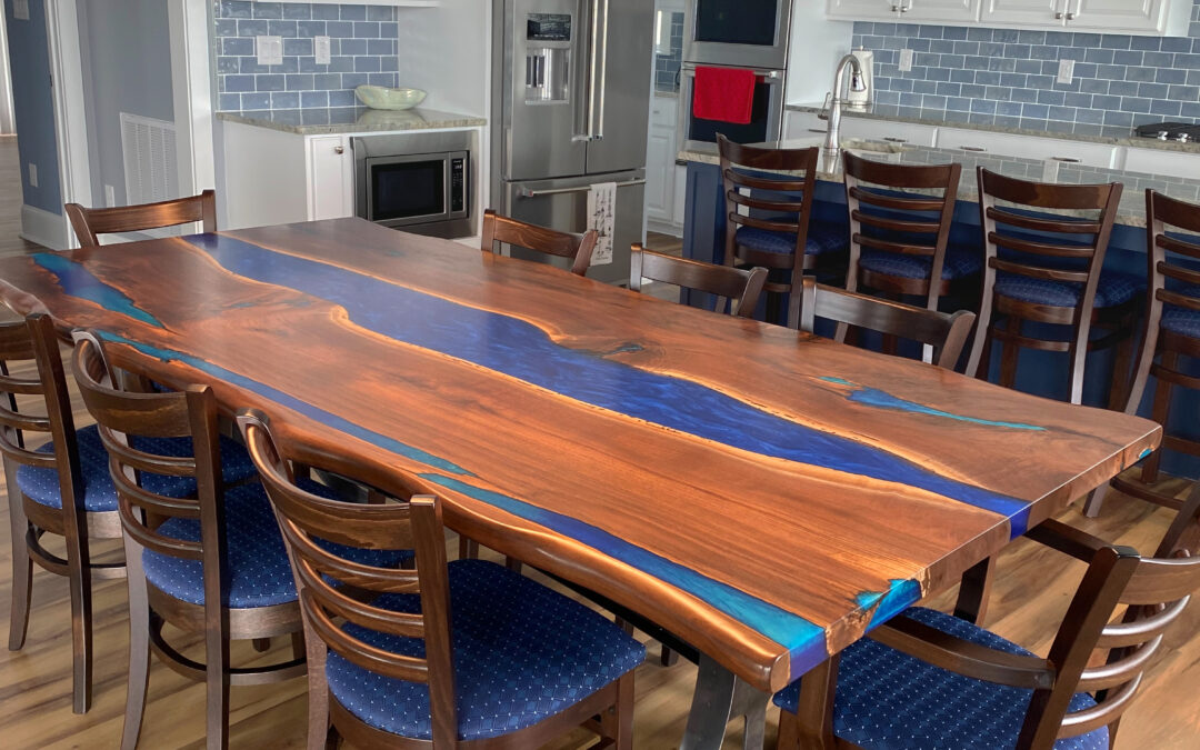 Live Edge Walnut Dining Table With Dual Blue Epoxy