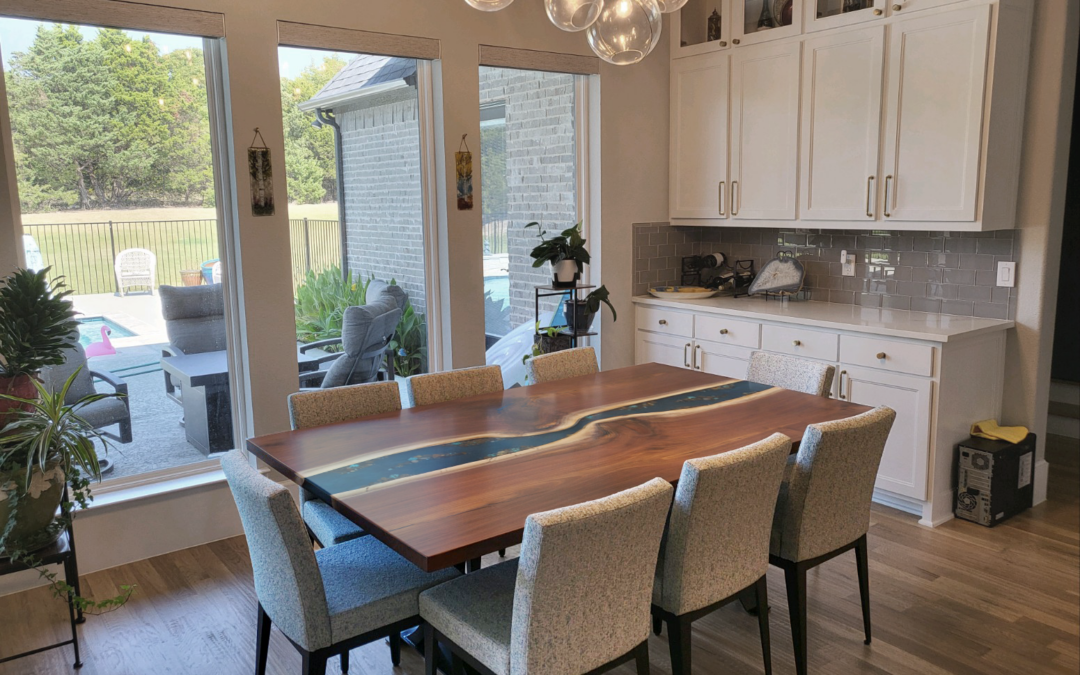 Extendable Walnut Dining Table With River Rocks & Gold