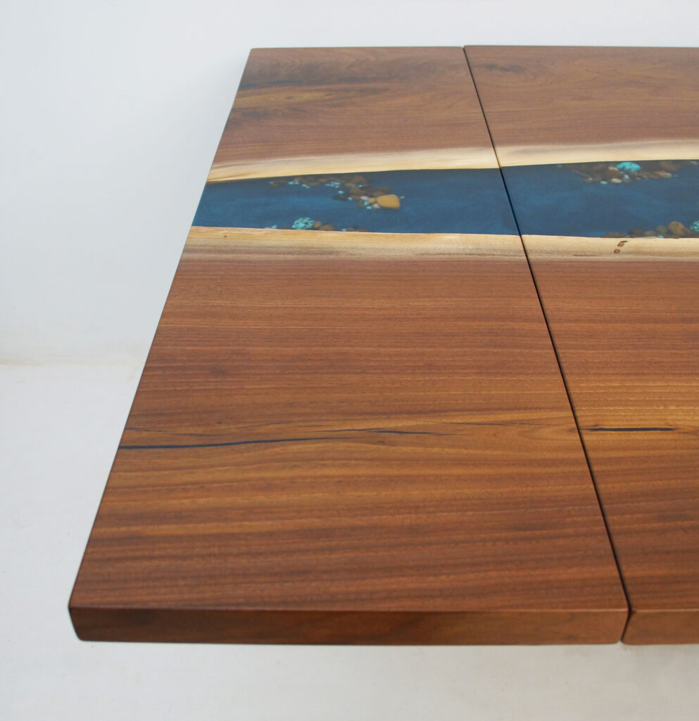 http://Extendable%20Walnut%20Dining%20Table%20with%20River%20Rocks%20&%20Gold%201786%209