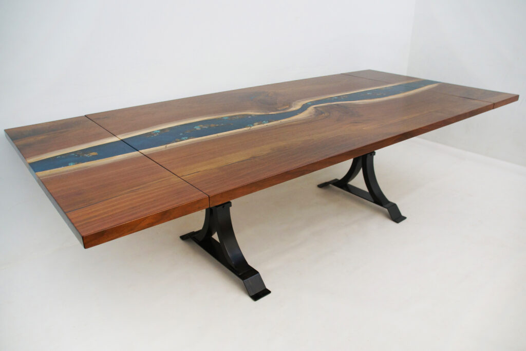 http://Extendable%20Walnut%20Dining%20Table%20with%20River%20Rocks%20&%20Gold%201786%206