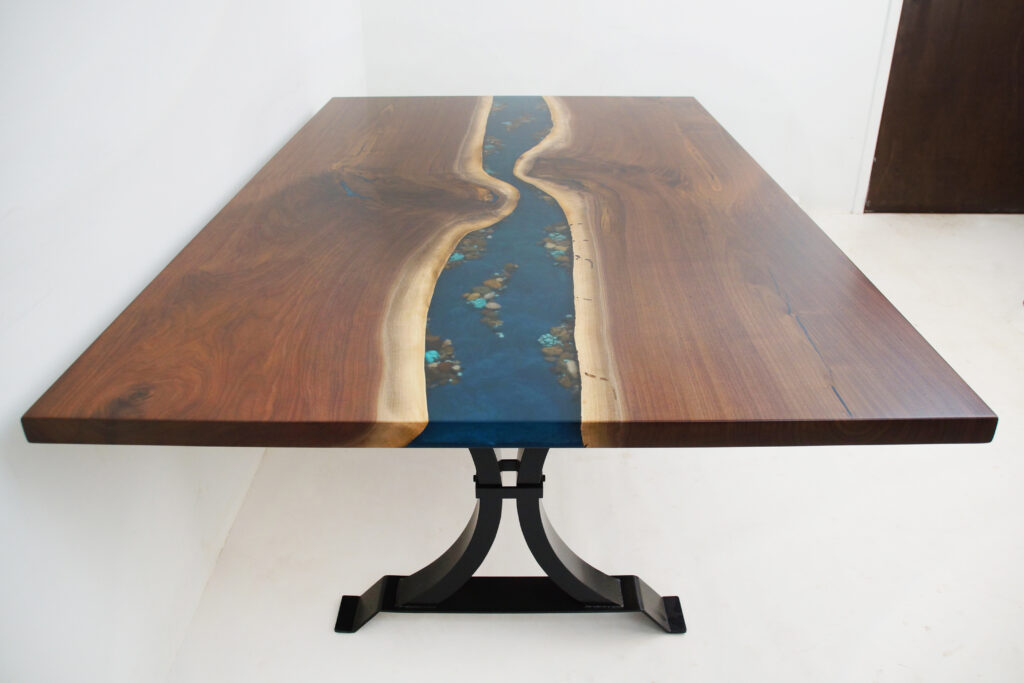http://Extendable%20Walnut%20Dining%20Table%20with%20River%20Rocks%20&%20Gold%201786%203