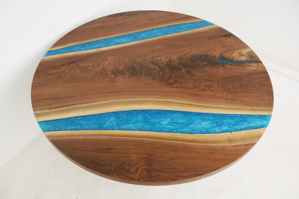http://Round%20Walnut%20Kitchen%20Table%20With%20Blue%20Rivers%204